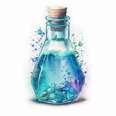 Watercolor potion bottle: Paint a tall, skinny, thick glass, half empty potion bottle with cerulean liquid. Use watercolors to create a soft, dreamy effect. Clipart. Sticker. White background.