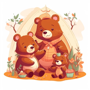 cute little bear family having camping, clipart, cartoon children's style, sharp graphic vector art illustration, warm colors, very high details, 8k, white background