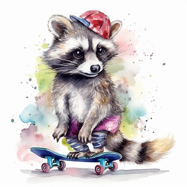please create watercolor clipart of a raccoon smiling, wearing PARTY ROLLER SKATES, colorful, WHITE BACKGROUND