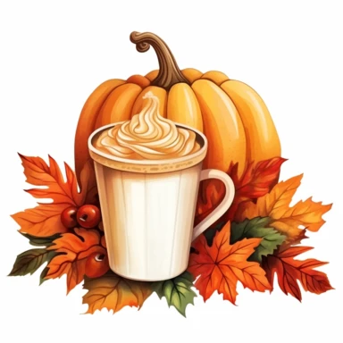 autumn big pumpkin and leaves and latte in a small paper cup,clipart,isolated on a white background