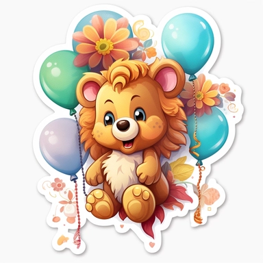 a detailed very colorful vector Clipart image sticker of a beautiful majestic magical floral baby lion holding balloons with a white background, pastel light colors, fall colours, gold ropes, photorealistic,cinematic, Cinematic, Color Grading, Editorial Photography, Photography, Photoshoot, Shot on 70mm, Ultra-Wide Angle, Depth of Field, DOF, Tilt Blur, Shutter Speed 1/1000, F/22, Gamma, White Balance, Neon, Light, Dark, Light Mode, Dark Mode, High Contrast, 5D, Multiverse, 32k, Super-Resolution