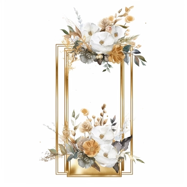 watercolour beautiful realistic white real floral wedding flower spray on gold rectangle tall frame stand realistic elegant wedding floral display stand with white glitter wedding flowers ,clip art graphics , PNG image,transparent background ,ultra highly detailed, 18k, sharp focus, bright photo with vibrant colours, digitally enhanced,photographic, enhanced graphics, png format, straight, sharp focus, bright lighting, intricate detailed png image ,high definition,300dpi,graphic clipart,computer