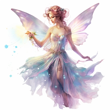 Create a magical clipart of a delicate and graceful fairy with a glowing aura. Make sure to highlight her intricate butterfly wings and flowing gown, capturing her ethereal beauty in a realistic watercolor style. The fairy should be surrounded by a plain, high contrast background to make her stand out even more.