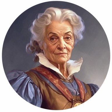 Arthur Sarnoff's character portrait circular tondo depicting a bronze-skinned elderly female uniformed battle-mage wizard, Boris Vallejo Mike Allred Josh Kirby, Discworld, clipart illustration, circular solid background circular border