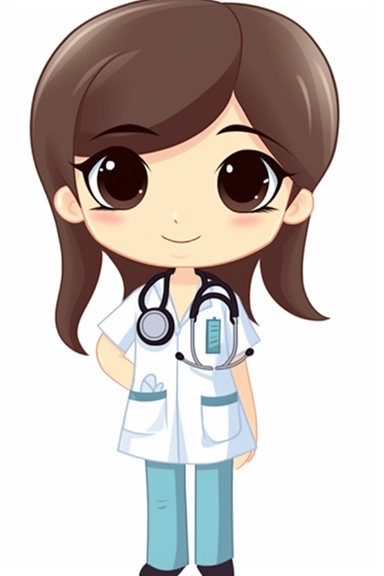 nurse cartoon girl wearing a stethoscope around her neck on a white background, dressed in medical scrubs, cute and happy, dreamy, high quality, miniaturecore, flower power, emotive gestures, kawaii, chibi, close up, in the style of naoko takeuchi, clip art, артур скижали-вейс, brown, prudence heward, comic art, animated gifs, dark bronze and dark aquamarine