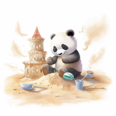 Create a watercolor illustration clipart of a playful cute Baby Panda Making sand Castle on the beach, with its full body visible. Use soft, flowing brushstrokes and a warm, inviting color palette to create an image that is both charming and whimsical. Incorporate intricate details like the motion of Baby Panda Making sand Castle on the beach to create a lifelike, realistic image. Can add other elements to the illustration like related item to play to create playful scene. Use white background t