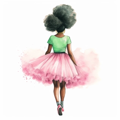 black woman afro hair, backview, big afro hair, pink shirt, green ballerina tutu skirt, detailed soft illustration, watercolor clipart