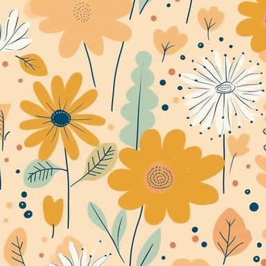 simple floral Pattern | GENRE: digital graphic clipart Art | EMOTION: cheerful | SCENE: A seamless pattern featuring simple digital graphic clipart art flowers in same sizes, with balanced negative space, in a peaceful and dreamy color palette | TAGS: doodle, floral, pattern, simple, cheerful | DESIGN ELEMENTS: Organic shames, bold textures, ample negative space | AESTHETIC: cheerful cartoon | COMPOSITION: Seamless, repeating pattern with a harmonious arrangement of elements and balanced negativ