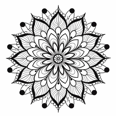 no shading. twig flower mandala. no shading. lines and dots. black. simple. clipart. white background