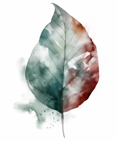 watercolor clipart illustration of a leaf green and grey, in the style of meticulous design, minimalistic serenity, light turquoise and dark white, oil paintings, dark green and light crimson, naturalistic poses, imitated material