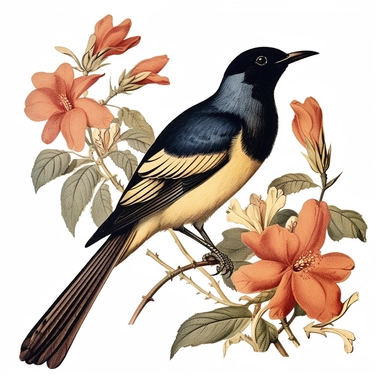 bird, flowers, vintage, retro, watercolor, clipart, white background, by Mark Catesby