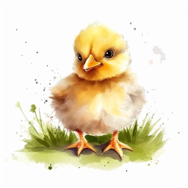 happy cute baby chicken,sitting on grass, hand draw Illustration clipart, 4K, extremely detailed, watercolor