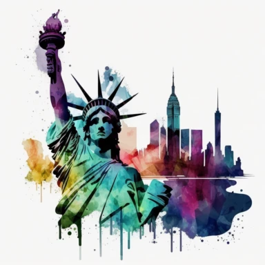 A graphic of a Statue of Liberty with the New York City skyline in the background , Watercolor, Clipart, transparent background PNG
