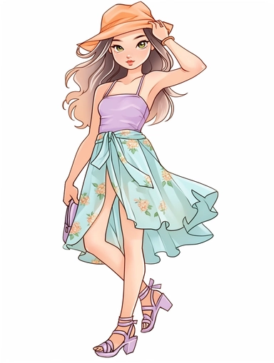 cute summer girl full body drawing, illustration clipart, detailed, black outline, white background, digital art, watercolor,,