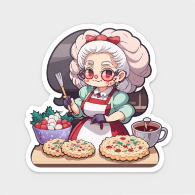 vector sticker design, anime style Mrs Claus baking clipart, white background, flat colors