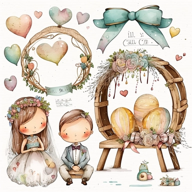 wedding rings tied with a ribbon , cute wedding illustrations clipart set, ILLUSTRATIONS FOR THE BOOK, cartoon elements, different variants, girl with long hair in a wedding veil, wedding, husband and wife Love , Hearts balloons , veil, garland, wooden elements, sit on a bench , on the car, white transparent background separate elements with a margin Watercolor