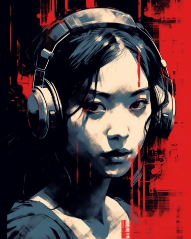a newspaper clip art illustration with a red eye for an asian woman wearing headphones, in the style of large-scale murals, dark palette chiaroscuro, movie poster, mori kei, captivating documentary photos