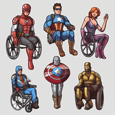 6 clipart elements, series of very hyperdetailed colorful stickers, cool people with disabilities, marvel style, superheros, each sticker with a clear white outline between each element, light grey background, realistic