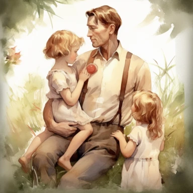 Artwork in the style of Cicely Mary Barker,clipart ,Illustrate a Dad keeping his children humble with I told you so moment. watercolor clipart, father's day ,hyper realistic, HD