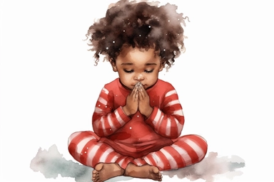 Watercolor happy cute beautiful brown skin african American baby girl praying wearing baby red and white christmas pajamas, christmas tree in the background, detailed clipart, isolated, spaced out--q 2
