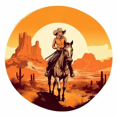 Design a bold cowgirl clip art illustration with a confident cowgirl wearing a wide-brimmed hat, fringed jacket, and riding boots, atop a spirited horse against a backdrop of rugged mountains. Style: Bold and vibrant with strong line work and traditional color palette. Keywords: Cowgirl, wide-brimmed hat, fringed jacket, riding boots, mountains, horse. Reference Artist: Let's draw inspiration from the iconic cowgirl illustrations by Charles M. Russell