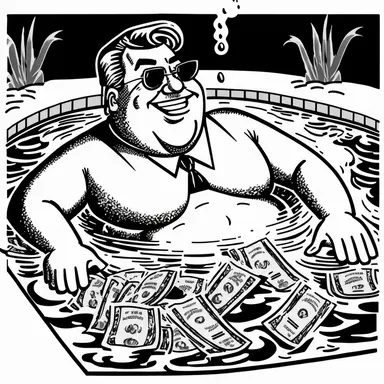 retro cartoon comic of a fat rich man swimming in a pool full of dollar bills, black and white vintage art clipart illustration, white background,
