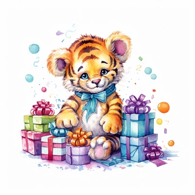 please create watercolor clipart of a baby tiger, smiling, wearing party clothes with birthday presents, vibrant colors, intricate details, isolated on white background, vivid colors, hdr, 8k