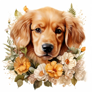 high detailed, Hand drawn watercolor clipart of golden retriever puppy with flowers and plants, Watercolor, art nouveau , on a white background