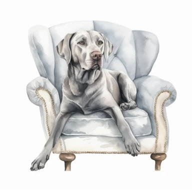 Hand drawn silver Labrador, on the couch, very detailed and realistic, watercolor, white background with margins, clipart style
