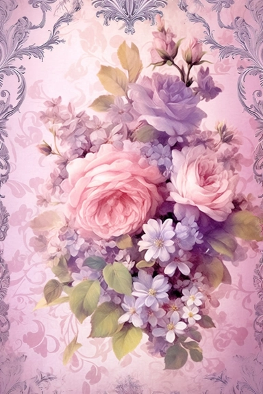 Vintage shabby damask clipart vignette with delicate floral patterns along the sides and corners of the image, small cute bright oil painting vignette with beautiful roses and blooming lilacs, light pastel tones in the center of the image,