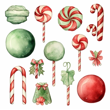 watercolour of a variety of Christmas Candies. Red and Green Gumdrops, Candy Canes, Peppermints, ribbon candy, clipart variations, simple, vector, 8k