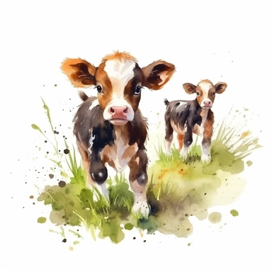 cute baby calves playing in the meadow, clipart, white background, watercolor style--q2--v5.1--s1000
