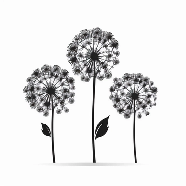 three dandelion flowers silhouette on a white background, simplified, black-and-white graphic clipart, simple illustration, hand drawn art, dandelion floral bouquet, cartoonish simplicity, graphic outline of dandelion flowers, minimalist design, two dimensional,