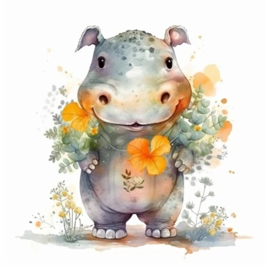 a standing up baby Hippo with cute big eyes, happy smiling face, cute animal, adorable, playful atitude, adorable watercolor animal clipart with a few plant and flowers decor, no background, high quality very sharp with clear focus