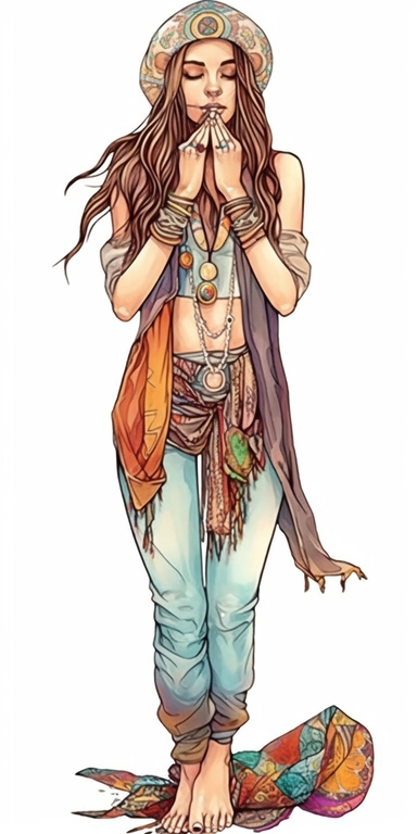 woman in fashion pose, Bohemian, exotic, brown eyed and brown haired woman with a headband with flowers and feather, cowboy boots, lotus choker, large earrings, tattoos, hands in prayer, wearing her heart on her sleeve, watercolor illustration on white background, watercolor clipart on white background, watercolor sticker on whtie background, in th e style of Job ID: 604300f4 - 6984 - 4a9a - aa16 - 00313a985d77 Seed: 1300855054