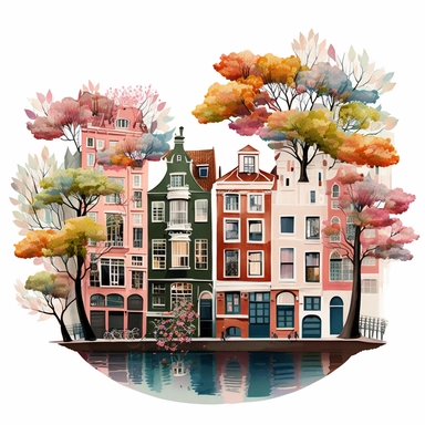 Very very cute and Whimsical quirky row houses, Amsterdam canal, bridges and water, town houses, tree blossom, colorful, Watercolored illustration in the style of Michael Powell, clipart, white background, multiple concept design