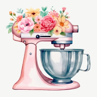 watercolor clipart, A vintage style drawing of a Stand Mixer kitchen aid style, flower, high resolution, white background, Sublimation graphics, by Katie Daisy , Watercolor clipart, single design, single object,print on demand image, PNG transparent background, white background for removing background - - no text shadow font watermark, 8k