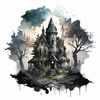 isolated clipart image of a spooky gothic house with intricate architectural details, twisted spires, and looming shadows, each house unique in its design, showcasing different elements like pointed windows, wrought-iron gates, and weathered stone walls, surrounded by a foggy atmosphere that adds a sense of mystery and intrigue, watercolor painting, delicate brushstrokes capturing the eerie charm, ethereal washes of color capturing the magical atmosphere