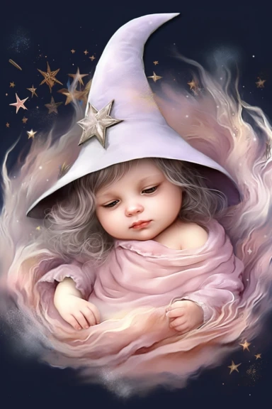 clipart, realistic newborn witch, pastel colors, vintage style