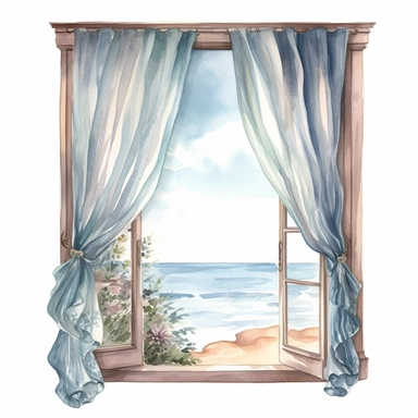 coastal window with flowing curtains in the breeze, very detailed and realistic, watercolor, white background with margins, clipart style