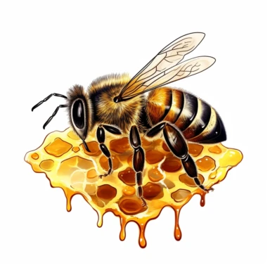single honey bee on honey hive, vector clipart, saturated colors, isolated on white background, uhd, sharp detail