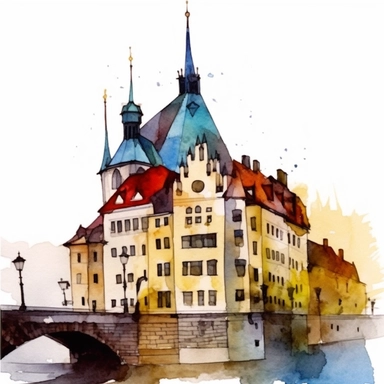 a Czech Republic Dancing House in the style of watercolour clipart with detailed brush strokes
