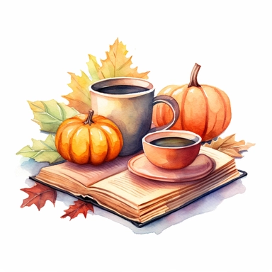 A ultrarealistic watercolor illustration of a book, cozy sweater, leaves, pumpkin pie and cup of tea or coffee, Cute autumn vector clipart, in the style of realistic watercolor paintings, terracotta colors, bloomcore, high resolution, , style by Lucy Fleming, watercolor, smooth gradients, black contour outline, ultra detailed, clipart elements, delicate pastel colors, solid white background, super clear, high quality