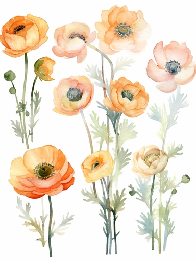 watercolor clipart set with white background, cute ranunculus flowers, adorable, flat design, clearly defined with separated images, high quality