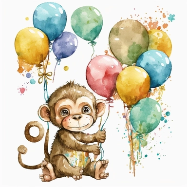 Safari Baby Animal Watercolor Clipart, Cute Baby Monkeys, Cute Jungle Animal, Birthday Baby Monkeys, colorful balloons, no image noise, no lettering, hyperdetail, maximum detail