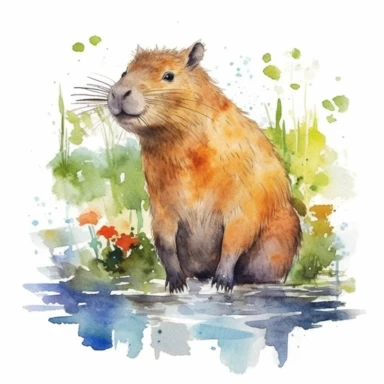 Watercolor capybara in rainforest clipart, for childish cards, illustration style, on white background, detailed, hd