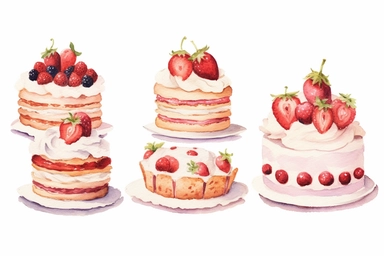 Charming watercolor cliparts of strawberry cakes and slices, meticulously painted with layers of luscious red strawberries and creamy frosting, set against a crisp white background, The scene radiates a mood of sweet indulgence and joy, creating an atmosphere reminiscent of a quaint bakery or a delightful high tea, Soft, natural lighting perfectly captures the translucence of the watercolor medium, highlighting the richness of the colors and the texture of the cakes.