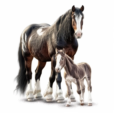 clydesdale horse horse and foal in the style of digital airbrushing realistic yet stylized, digitally enhanced, clipart, 32k uhd, detailed crosshatching white background
