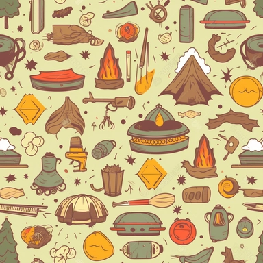 Image full of camping related clipart including fishing pole, tackle box, campfire, tents, trees, compass, clouds, sun, bbq grill, smores