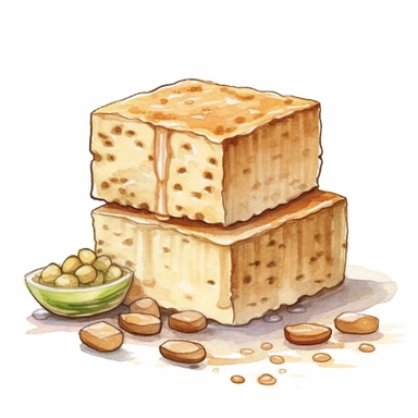 Tempeh (Fermented Soybean Cake) logo watercolor,simple Watercolor, hyper realistic, white background, white margins, 16k, ultra detailed clipart, cut out image, hand - drawn, whimsical manhwa style, ultra HD, sharp and clean art